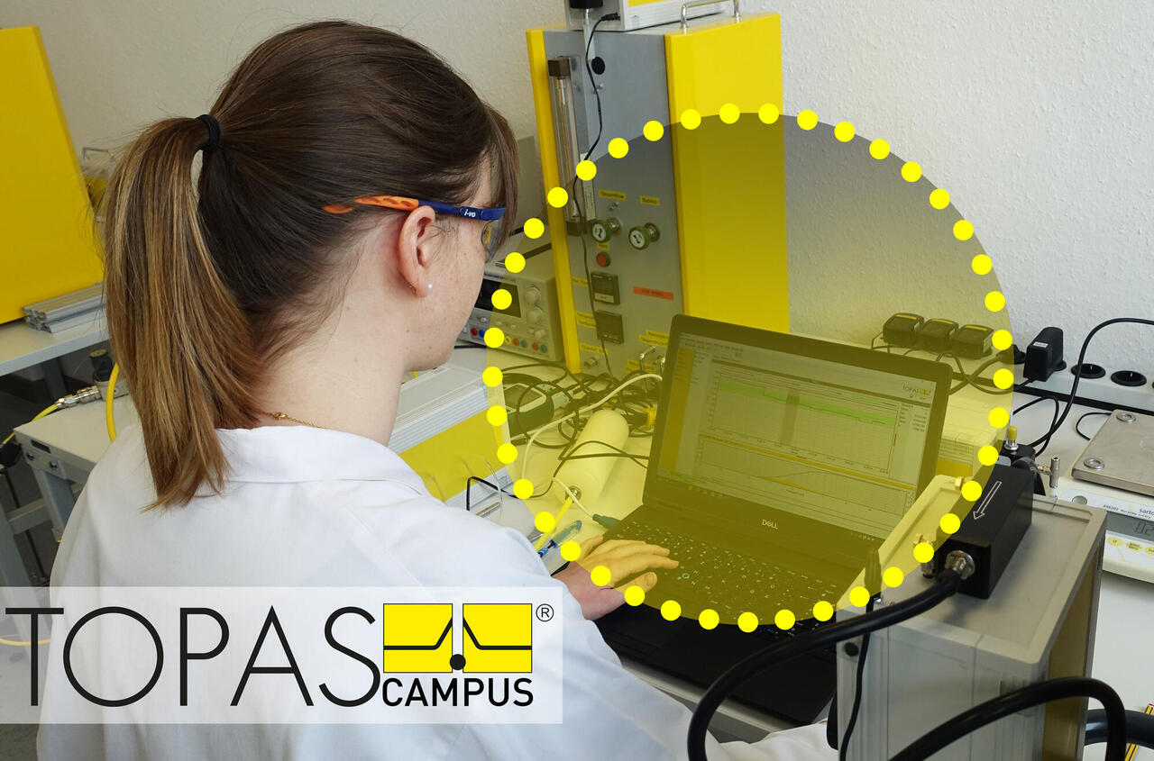 Scientist evaluating data on a PC, Topas Campus logo in the foreground