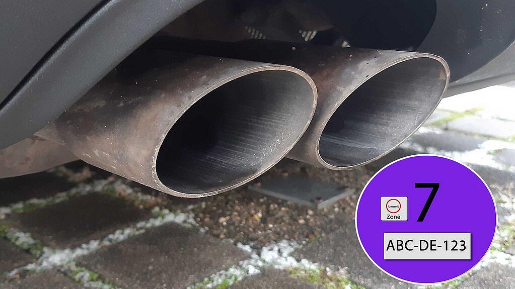 Car exhaust next to EU7 environmental badge