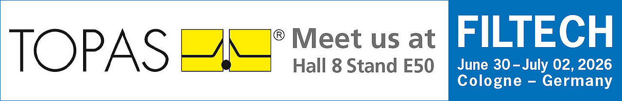 Banner Filtech 2026 mit Logo Topas und weiterer Standinformation