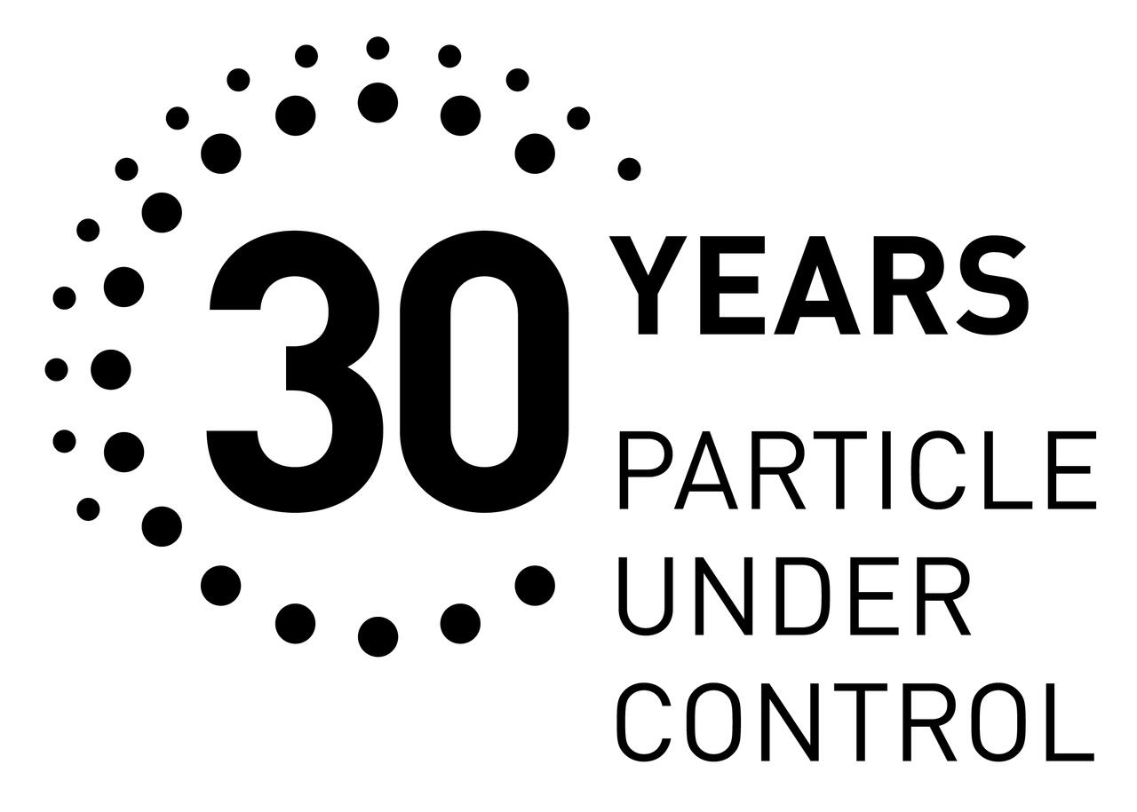 "30 YEARS" kreisartig umrahmt von Aerosolen, Claim "Particle Under Control" daneben
