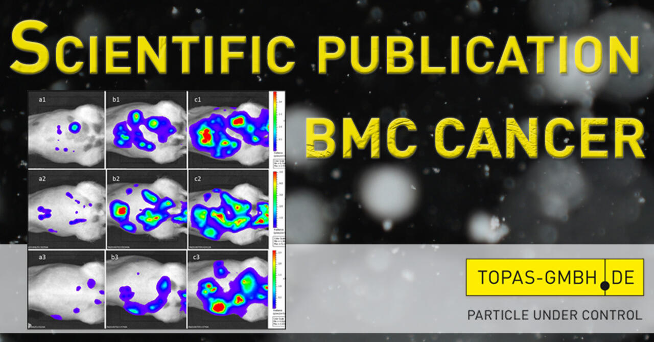 Biolumineszenzaufnahme mit Tieren vor der Überschrift Scientific Publication/BMC Cancer