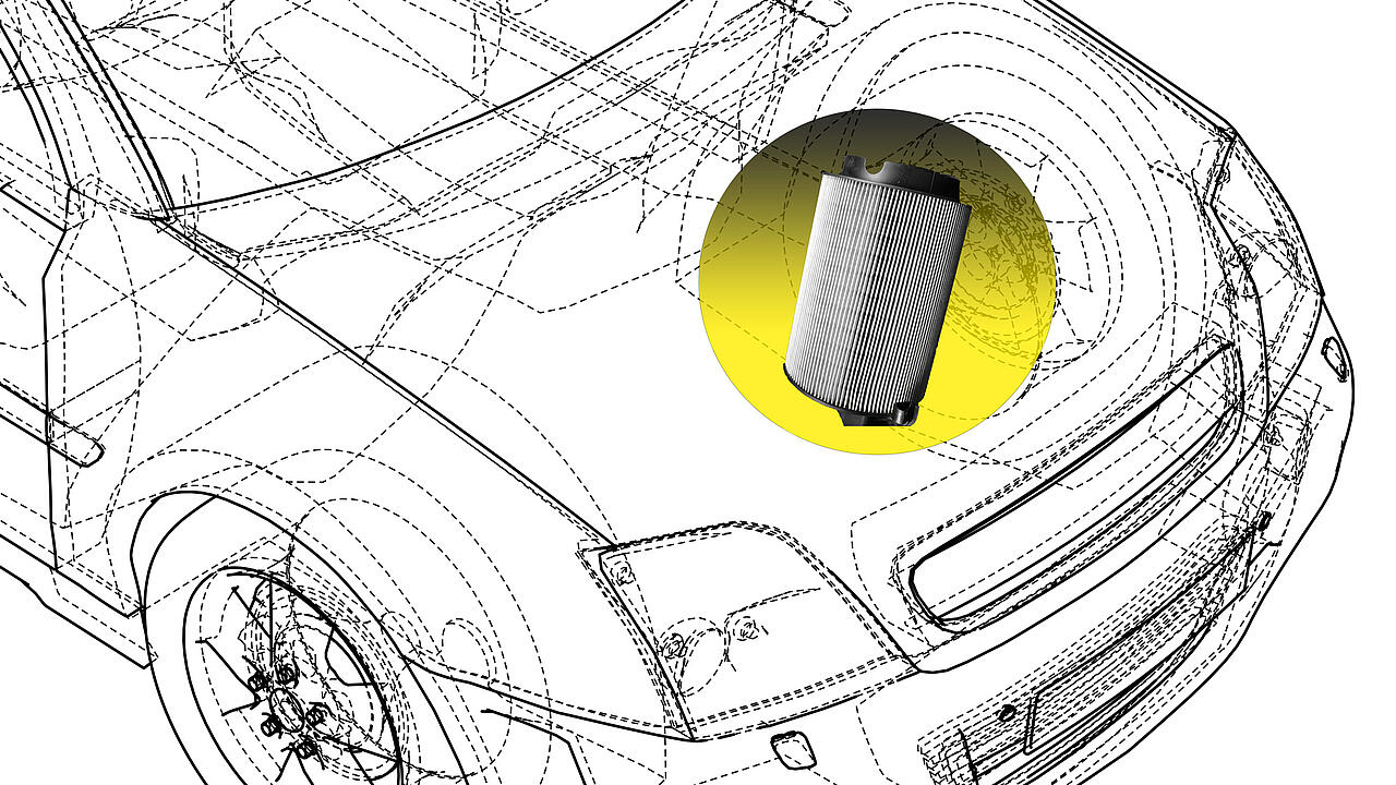 Air intake filter on yellow background in the engine compartment of a transparent passenger car