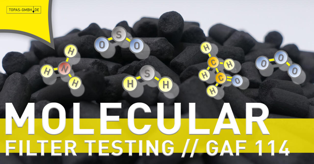 Photo activated carbon pile, above stylised molecules (H2S, NH3,SO2, O3, CH3CHO), caption: Molecular Filter Testing/GAF 114