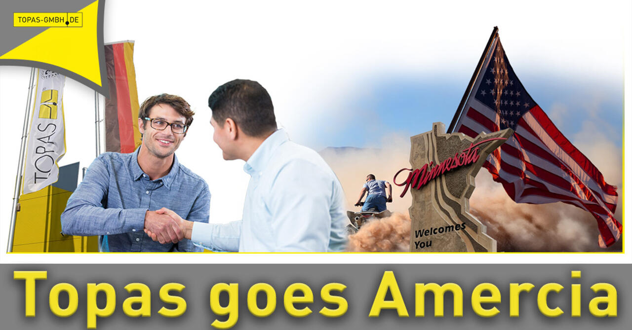 Händeschüttelnde Menschen, Flaggen USA und Deutschland, Stein mit Willkommen in Minnesota, Titel Topas goes America