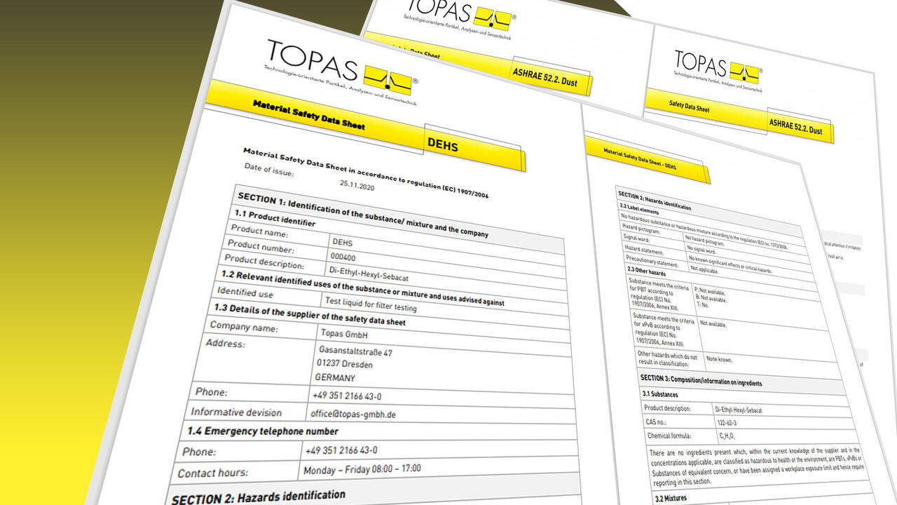 Gelber Kreis mit Überschrift "Safety Data Sheets", Ausschnitten von Sicherheitsdatenblättern und Firmenlogo