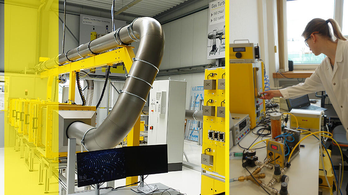 left side: hall with demo test systems and desk with PC, right side: researcher in aerosol laboratory