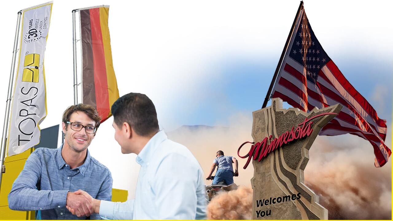 Collage zum Thema US-Niederlassung: Kollegen schütteln sich die Hände, Fahnen Topas, Deutschland, USA, Felsen mit Minnesota-Schriftzug, Mopedfahrer im Sand
