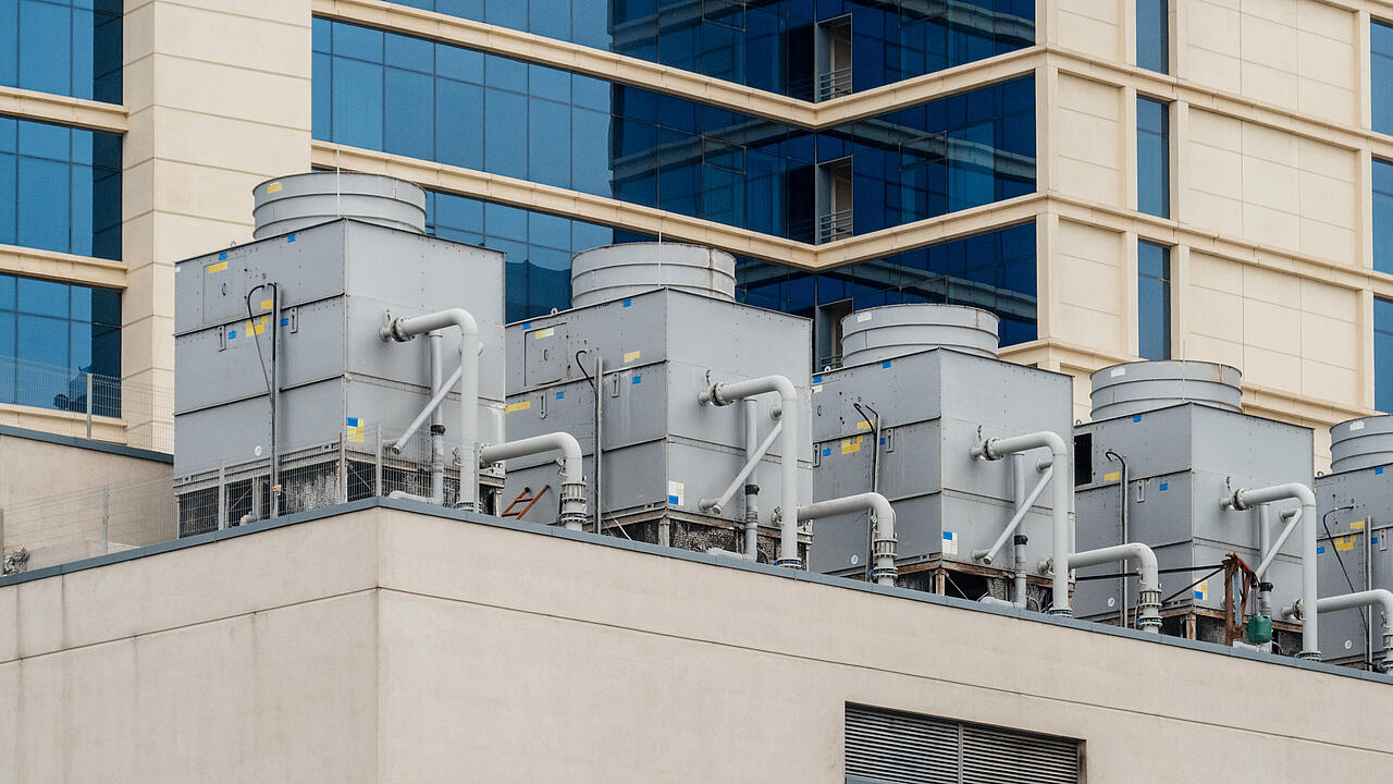 Air conditioning unit on the roof of a modern building