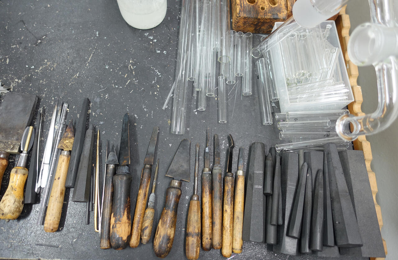 Tools of a glass apparatus maker on the workbench