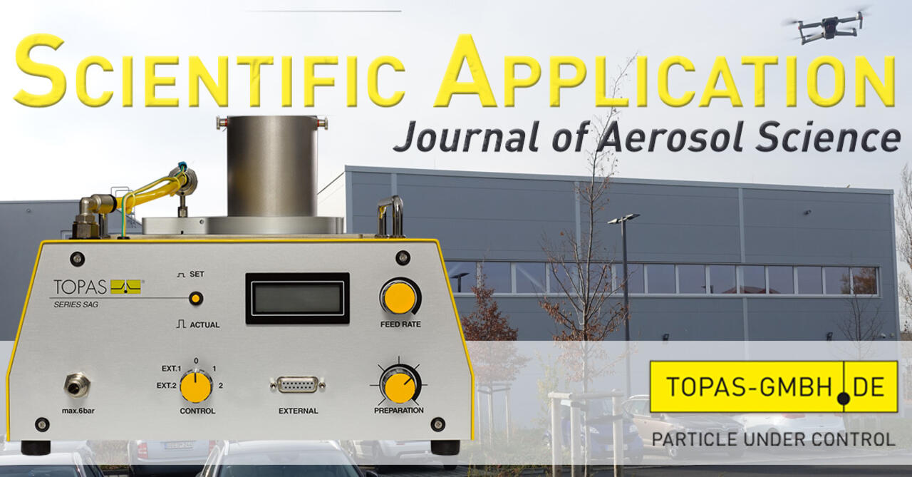 SAG410 Staubgenerator im Vordergrund, dahinter Topas-Firmengebäude mit Drohne und Überschrift Scientific Application/Journal of Aerosol Science