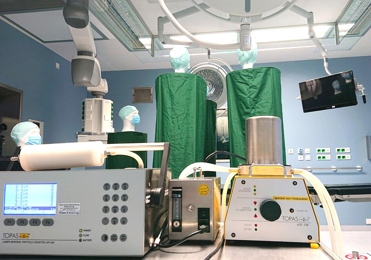 Hospital operating theatre with Topas clean room set (ATM 226, ADD 536, LAP 340) in the foreground, operating table in the background, four dummies with masks and above them a ceiling covered with filters