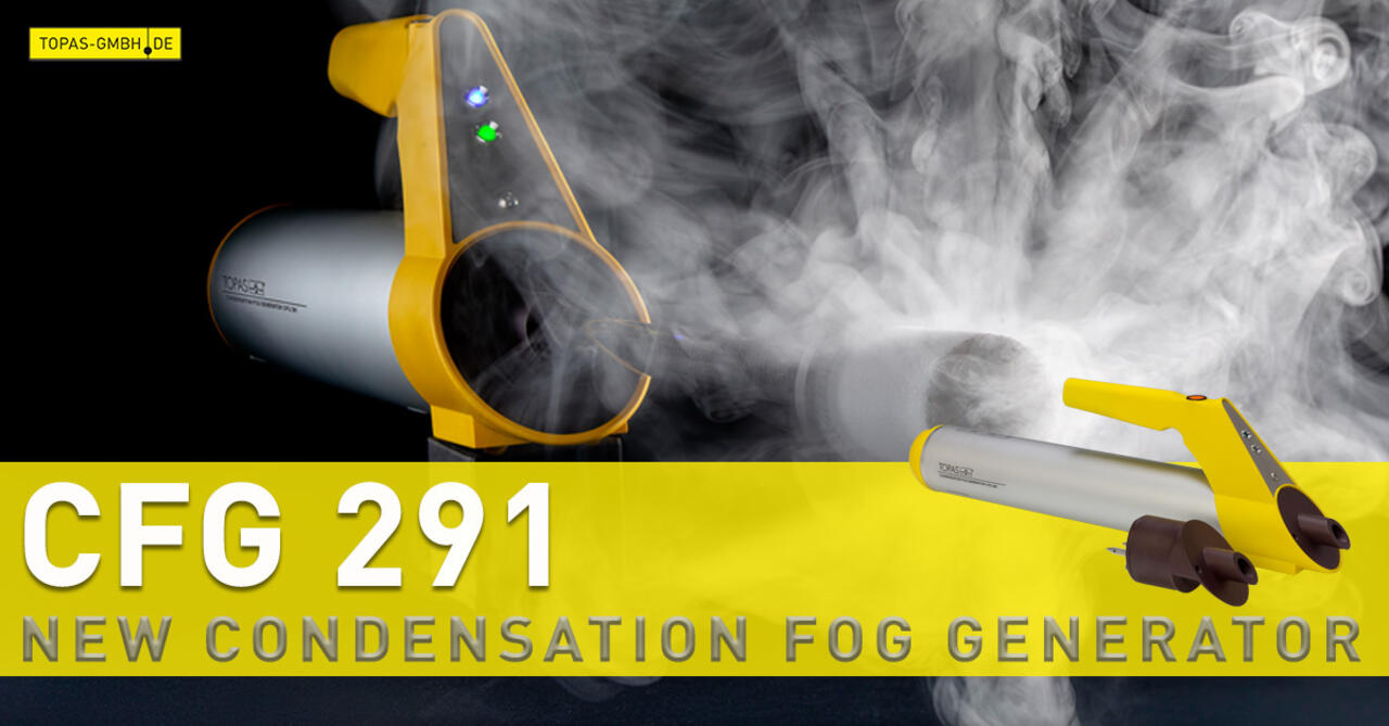 Fog generator with large cloud of fog against a black background, product name CFG 291 at the front